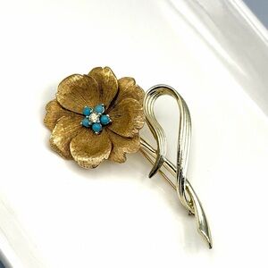 Vintage Boucher Gold Tone Flower Brooch – Turquoise Cabochons ~Signed & Numbered